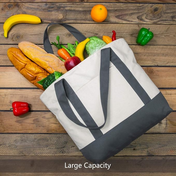 TOPDesign 1-Pack Canvas Tote Bag with an External Pocket, Reusable Grocery Shopping Bag, Top Zipper Closure, Daily Essentials (Grey/Natural) - Image 4