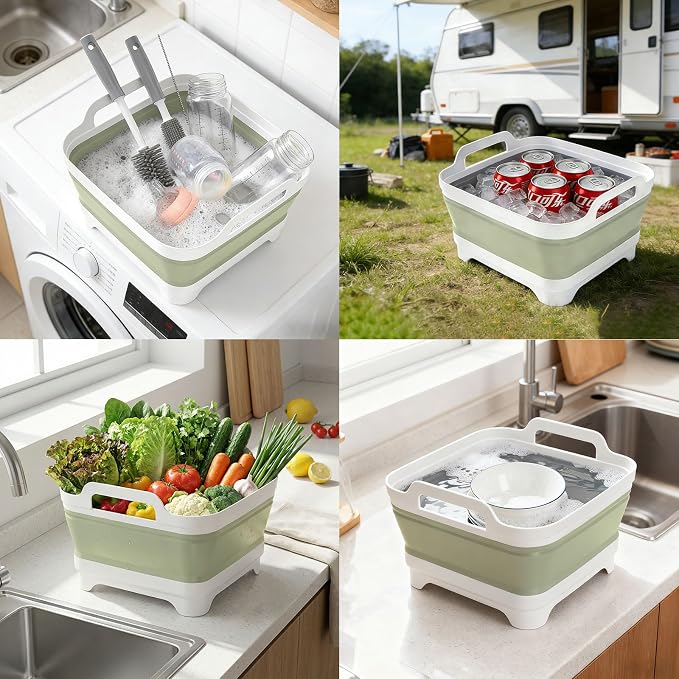 Volnamal Collapsible Wash Basin with Drying Rack & Drain Plug (Green) | Portable 2.4 Gal Dish Tub, Foldable Basin for Baby Bottles, Vegetable, Camping Sink, Kitchen, RV, Camp, Outdoor Space-Saving - Image 7