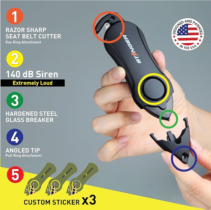 Stinger USA 140dB Siren Personal Safety Alarm Keychain Emergency Tool Shark | Panic Alarm Siren, Seatbelt Cutter, Car Window Breaker, Safety Device for Women Kid - Image 3