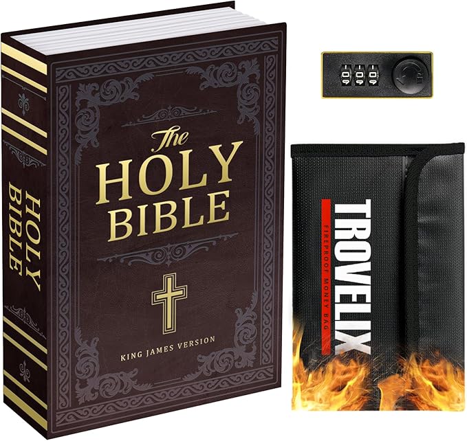 Book Safe with Combination Lock, Hidden Safe (9.5 x 6.2 x 2.2 Inch) with Fireproof Bag, Secret Diversion Safe, Hollow Book Box Hidden Storage, Money Safe Box for Cash (Bible) by KOFAIR