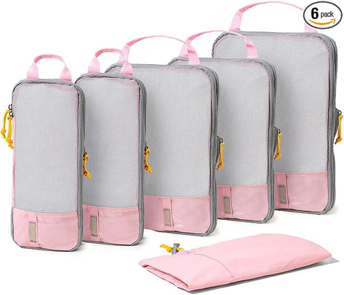 (Not Made In China) 6pc Compression Packing Cubes For Travel, Suitcase and Luggage Space Saver Organizer Bags, Lightweight, Waterproof, Durable, Pink by Carrywell