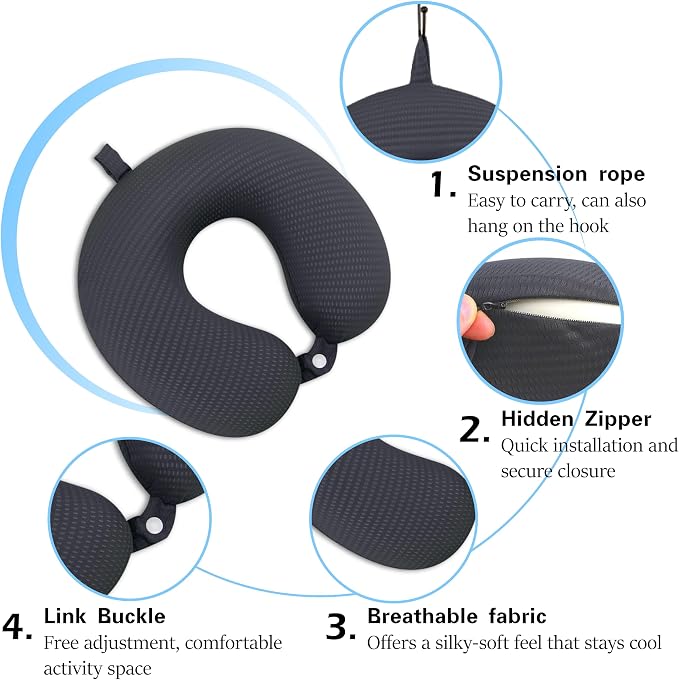 Neck Pillow Cover, Breathable Mesh Travel Neck Pillow Replacement Covers with Zipper, Cool and Elastic Fabric Airplane Pillow Covers for Traveling、Car、Home、Office (Dark Gray, No Filler) - Image 2