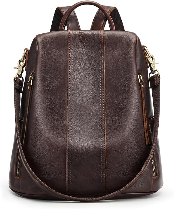 S-ZONE Leather Backpack Purses for Women Antitheft Rucksack Shoulder Bag Medium | Genuine Leather, Medium Fits 9.7-inch Tablet, for Work Travel Daily Commute, Multi Pockets, Adjustable Dual Straps by S-ZONE