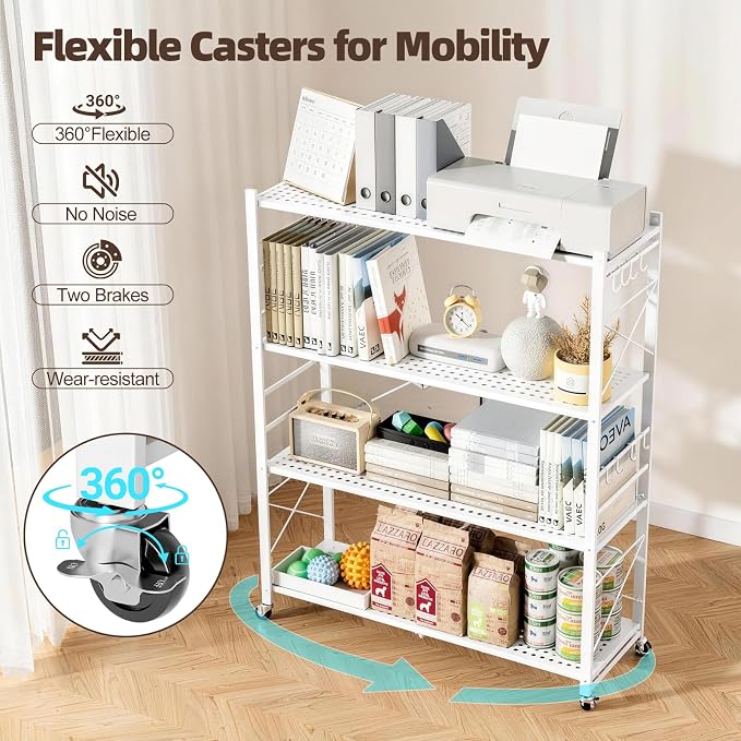 39.4" Wide 4-Tier Foldable Storage Shelves with Wheels & 20 Hooks | Heavy Duty Metal Folding Shelf Unit, No Assembly, Adjustable 3rd Shelf for Kitchen, Garage, Pantry, Bookshelf, White - Image 5