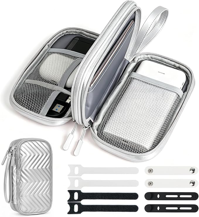Double Layer PU Leather Electronics Organizer Bag Silver Gray | Water-resistant with 8 compartments and padded lining for tangle-free 3ft+ cords, chargers & phones. Includes 8 ties. by Woyinger