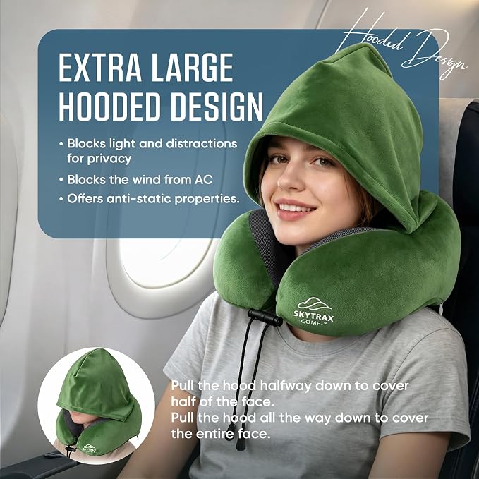 SkytraxComf® Travel Neck Pillow with Hood for Privacy on Long Flights | Memory Foam | Airplane Sleep | Safety-Tested Materials | Extra Large Hood | Chin Support | Earplugs | Washable Cover - Image 2