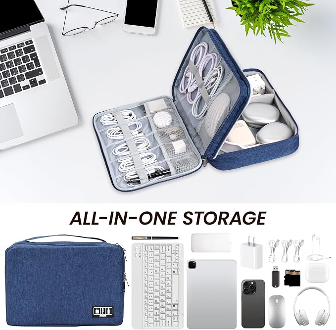 Electronic Organizer Travel Case, Double Layer Cable Organizer Bag | Double-layer design with adjustable dividers, mesh pockets and elastic loops for chargers, cables, power banks and gadgets - Image 6