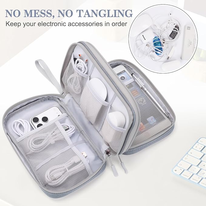 FYY Electronic Organizer, Travel Tech Pouch Bag, Large, Light Grey | Wrist Strap, Waterproof, Double Layers Portable Electronics Travel Carrying Case for Cord, Charger, Daily Business Trips Use - Image 5