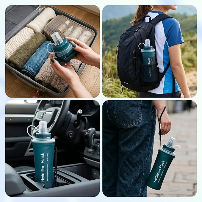 FR Collapsible Soft Hydration Flask 500ml TPU Portable Sports Water Bottle, Outdoor Running Cycling Fitness Hydration Bag with Leak-Proof Bite Valve and Lanyard(Slate Blue) - Image 6