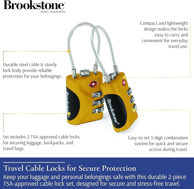 Brookstone Cable Luggage Locks, 2 Pack, TSA Approved, Resettable | 3-Digit Combination Lets You Set Your Own Code, Slim Design Threads Through Zippers or Straps, Great for Bags - Image 2