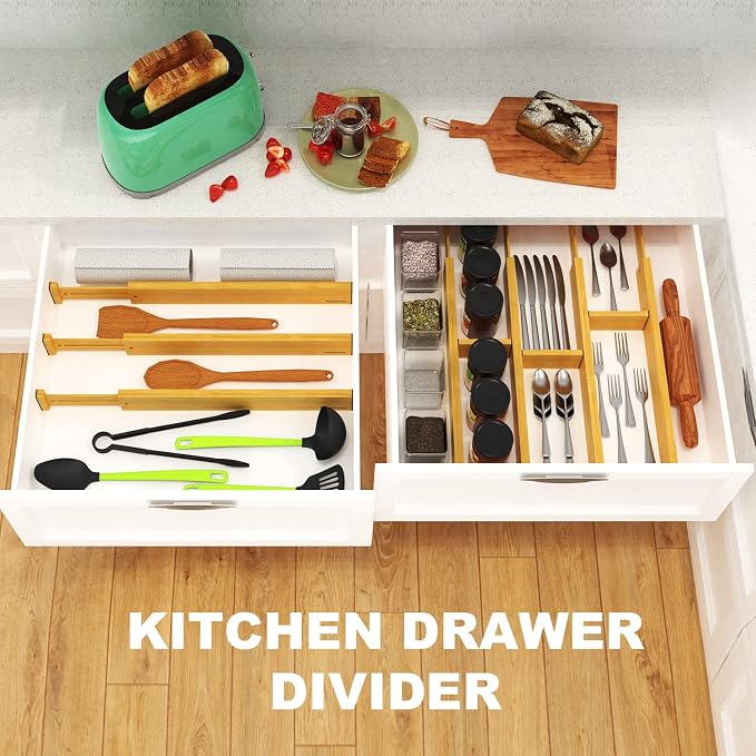 Bamboo Drawer Dividers, Expandable Drawer Separators Splitter, 17-22 inches Adjustable Spring-loaded Organizer for Large Utensil, Clothes, Tools Drawers, 6 Pack Dividers + 4 Pack Baffle - Image 6