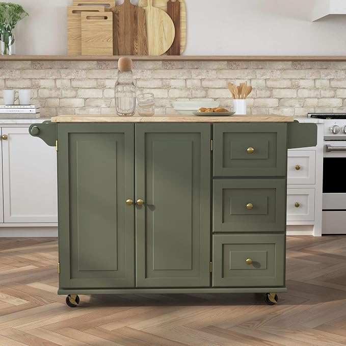 Homestyles Mobile Kitchen Island Cart with Wood Top and Dropleaf Breakfast Bar, 18" D x 53.5" W x 36" H, Green - Image 2