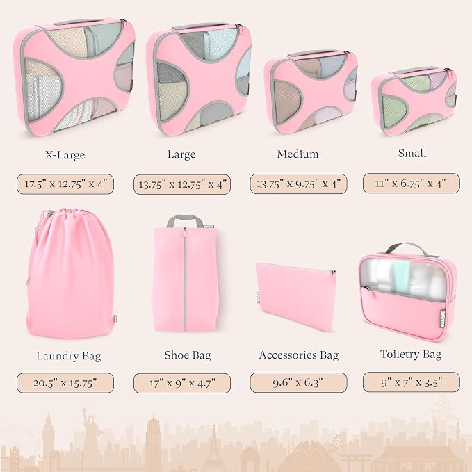 Shacke 8 Set Packing Cubes for Travel, Shoe & Toiletry Bags (Summer Pink) | Complete Suitcase Organizer Bags Set: 4 Luggage Packing Cubes + Laundry, Shoe, Toiletry & Accessories Bags for Any Trip - Image 4