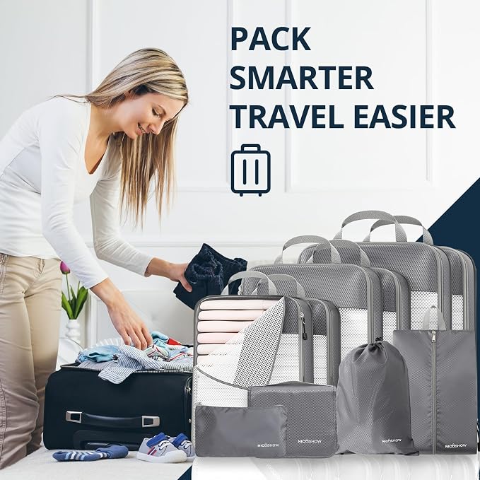 Compression Packing Cubes 10 Set, Compressible Space-Saving Packing Cubes for Travel - Compression Bags, Luggage Organizer, Travel Essentials for Women, Grey - Image 7