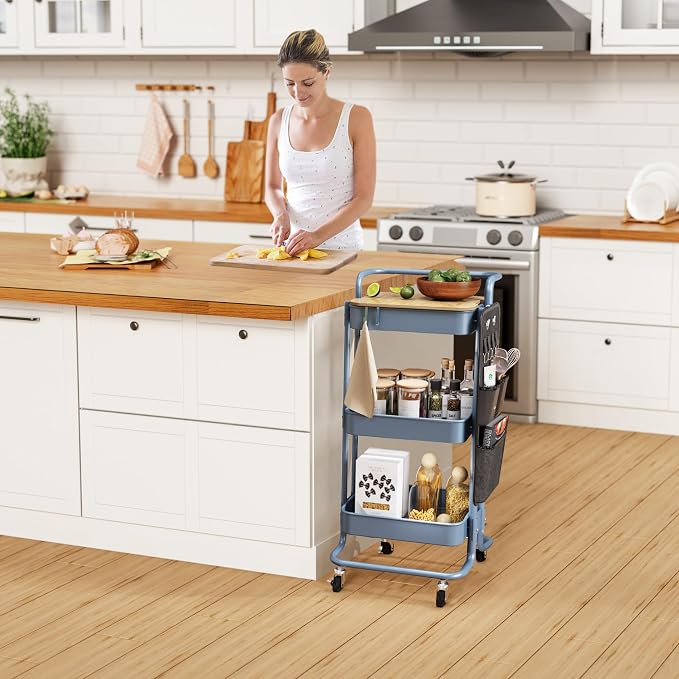 DTK 3-Tier Rolling Cart with Table Top, Metal Utility Cart with Side Bags | Tray Storage Organizer, Lockable Wheels, 4 Hooks, Art Cart for Kitchen, Bathroom, Office, Craft room, Living room, Blue - Image 7