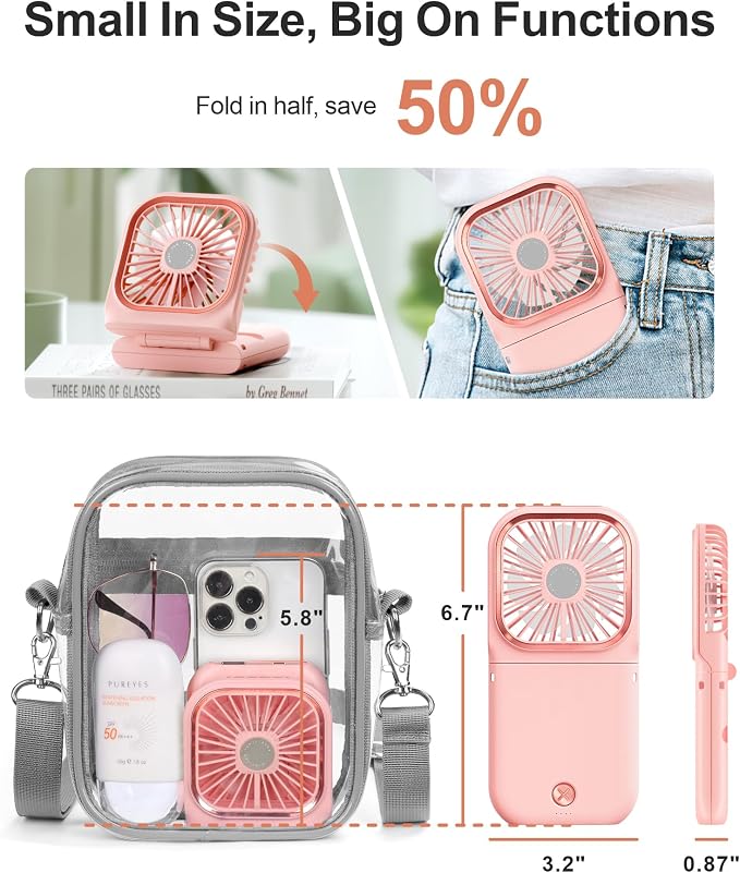 F-color Portable Handheld Fan - Small Hanging Neck Fan Travel Use, Pink | Foldable Handle, Rechargeable Airflow Helps Cool Commutes, Beach Days, Desk Time, Outdoor Lines, Travel and Summer Walks - Image 2