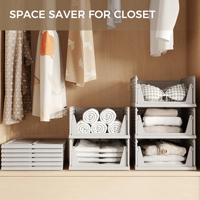 6 Pack Closet Organizer Storage Bins Stackable Plastic Drawer Shelf | Basket for Clothing Stackable Storage Bins Shelf Storage Container for Closet Wardrobe Bedroom Bathroom Office Grey Foldable - Image 4