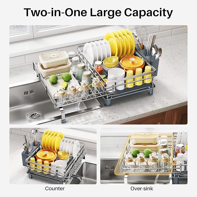 Expandable Dish Drying Rack for Kitchen Counter, Stainless Steel, Silver | Foldable Over Sink, Large Capacity, Adjust to Fit Most Sinks, Angled Drainboard, Removable Utensil Holder, Slip Resistant - Image 2