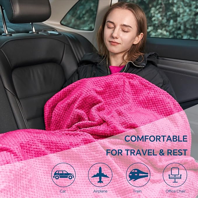 BEDELITE Travel Blanket with Bag, Jacquard Fleece Blanket 65"x40", Hot Pink | Ultra-soft Airplane Blanket, Luggage Sleeve & Backpack Clip, Travel Essentials for Women, Foldable as Pillow for Long Flight - Image 7