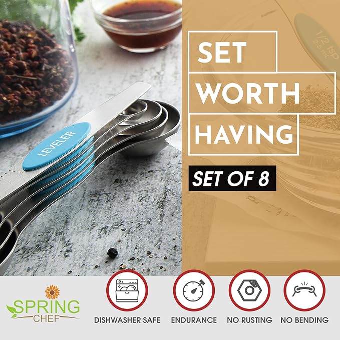 Spring Chef Stainless Steel 8 Magnetic Measuring Spoons for Kitchen, Teal | Dual Sided Metal Teaspoon & Tablespoon Measuring Spoons with Leveler for Dry & Liquid Ingredients, Stackable, Dishwasher Safe - Image 2