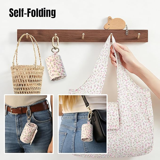 Foldable Keychain Tote Bag for Women,Reusable Mini Travel Grocery Bags | Waterproof Packable Handbag with Key Ring for Daily - Image 3