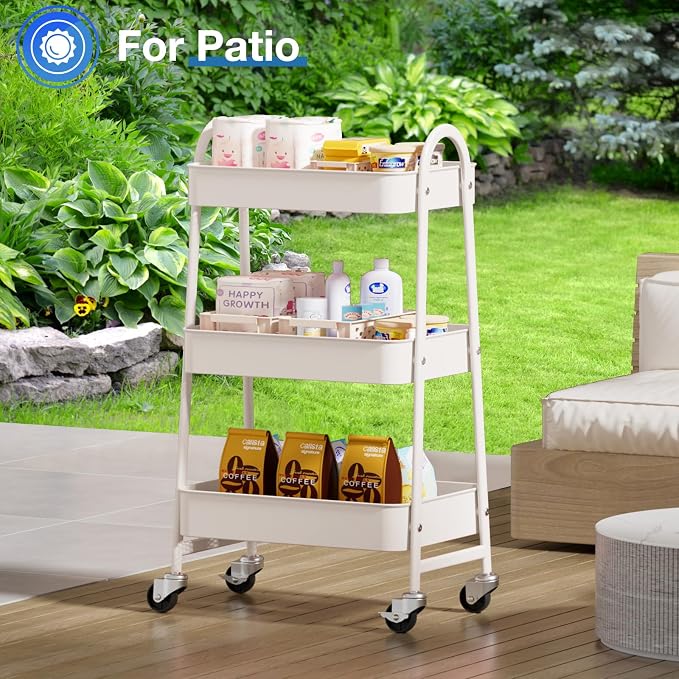 OLIXIS Metal Rolling Storage Utility Cart with Lockable Wheels 3 Tiers | Mobile Organizer Shelf, Space-Saving, Freestanding, Bathroom, Living Room, Slim, Narrow Corner Spaces, White - Image 7