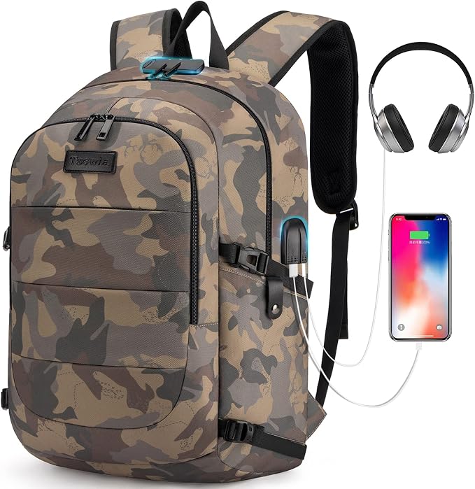 Tzowla Travel Laptop Backpack Water Resistant Anti-Theft Bag with Giant Tumbler Holder Pocket and Lock 15.6 Inch Computer Business Backpacks for Women Men Work College Gift,Casual Daypack(YellowCamo) by Tzowla