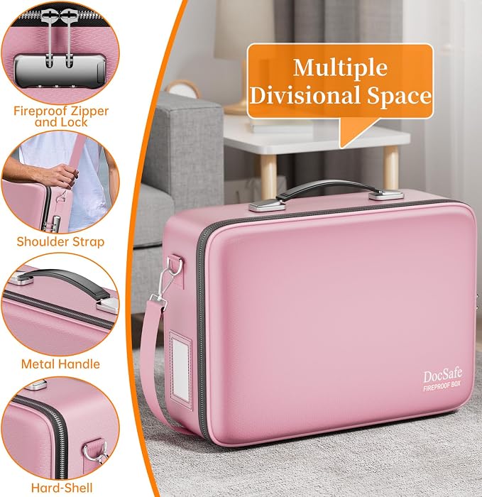 DocSafe Fireproof Document Box Hard Case with Lock ＆ Accordion File Folder | Fire and Water Resistant Safe Box,File Organizer,Multi-Pocket,Home Office Travel Storage for Important Document,Laptop,Pink - Image 4