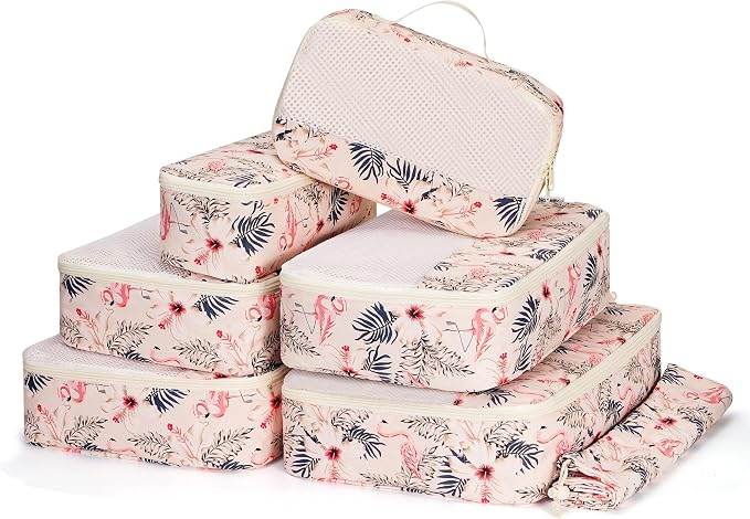 Narwey 7 Set Packing Cubes for Travel, Durable Packing Organizers for Kids Women Men, Carry on Luggage Travel Essentials Accessories (Beige Flamingo) by Narwey