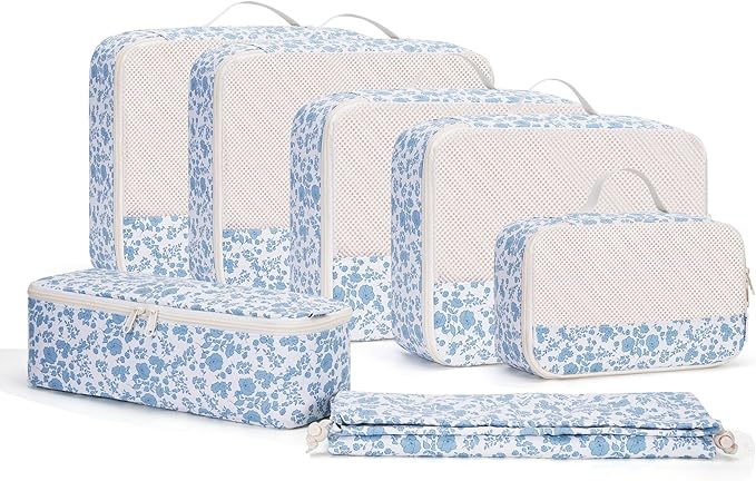 Narwey 7 Set Floral Packing Cubes for Travel Carry on Suitcase Luggage Organizer Bags for Kids Women Men, Durable Packing Organizers Bag, Travel Essentials Accessories (Blue Flower) - Image 2