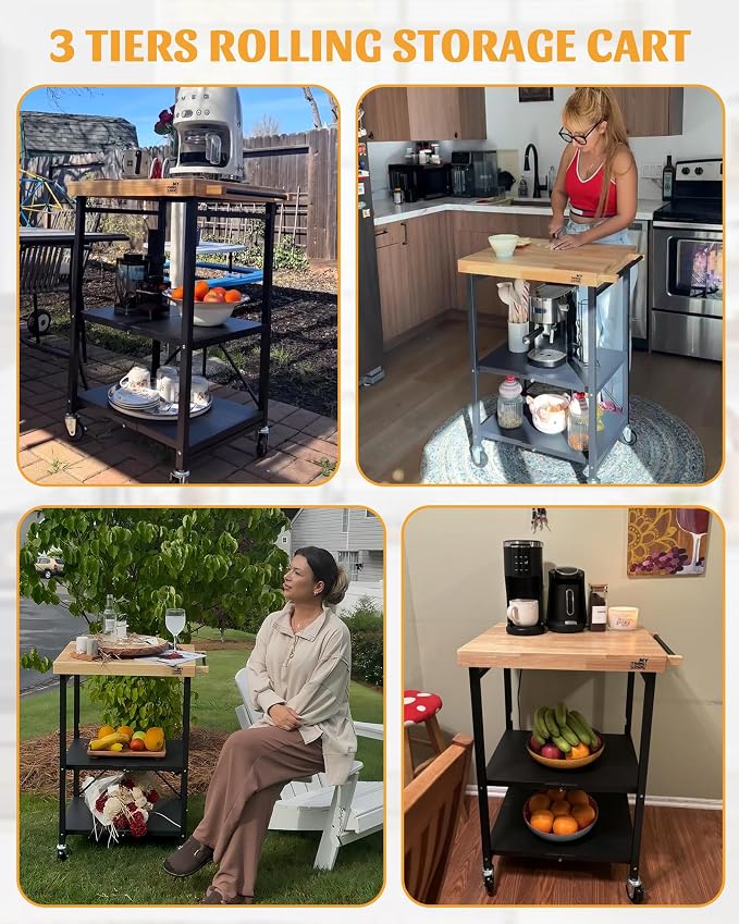 Mythinglogic Foldable Kitchen Storage Cart, 3-Tier Rolling Cart with Solid Oak Top, Heavy-Duty Metal Utility Rack for Microwave, Pots, Dish Set, Meal Prep Area, Kitchen Island on Lockable Wheels - Image 4