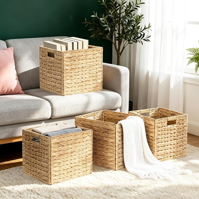 Rectangular Storage Baskets 13x11in, 4 Pack Water Hyacinth Wicker Bins with Handles, Foldable Natural Organizer for Shelves Kitchen Closet, Handwoven Storage Cubes - Image 5