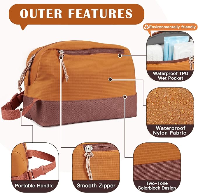 Waterproof Makeup Bag For Women Men,Two-Tone Colorblock Travel Toiletry Bag With Wet Pocket & Removable Transparent Bag, 8L Large Capacity Lightweight Vacation Essentials (Dusk Orange+Dark Brown) - Image 4