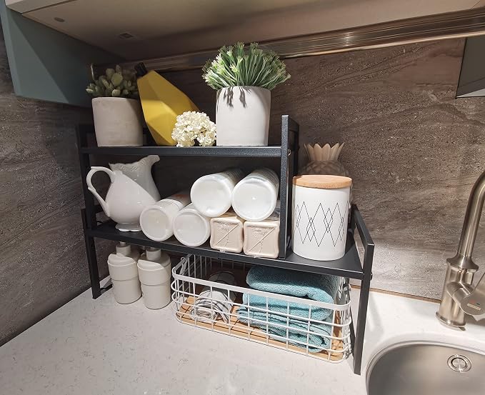 Expandable Cabinet Shelf Organizer 16-26" L Stackable Kitchen Counter Shelf Sink Rack Countertop Storage Black (Wide 10.6”D) - Image 2