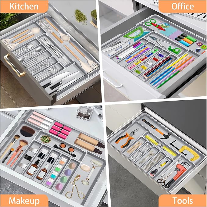 Silverware Organizer Expandable Kitchen Drawer Organizer Adjustable 22"x 19" Utensil Organizer with Rubber Feets Cutlery Drawer Organizer for Spoons Forks Knives Kitchen Organizers and Storage Grey - Image 9