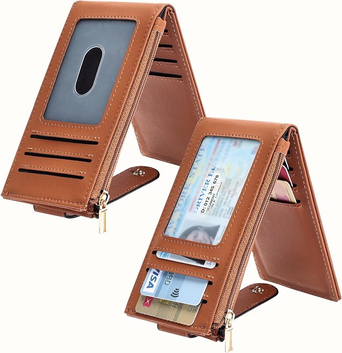 Chelmon Women's RFID Slim Card Holder Wallet | Thin Bifold Multi Card Case with Zipper Coin Pocket Purse for Women(Tan) - Image 2