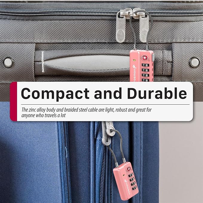 Fosmon TSA Approved Luggage Locks, 4 Digit Combination Cable Travel Lock for Suitcase & Backpack, Heavy Duty Metal Body Padlock with Open Alert Indicator (Pink, 2 Pack) - Image 6