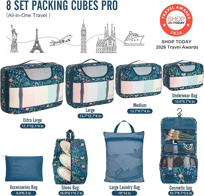 Veken 8 Set Packing Cubes for Travel Essentials,Anti-Wrinkle Buckled Suitcase Organizer for Shoe & Toiletry Bag,Carry On Luggage Bag with 99+ Count Mesh Holes for Airplane & College Dorm Accessories - Image 2
