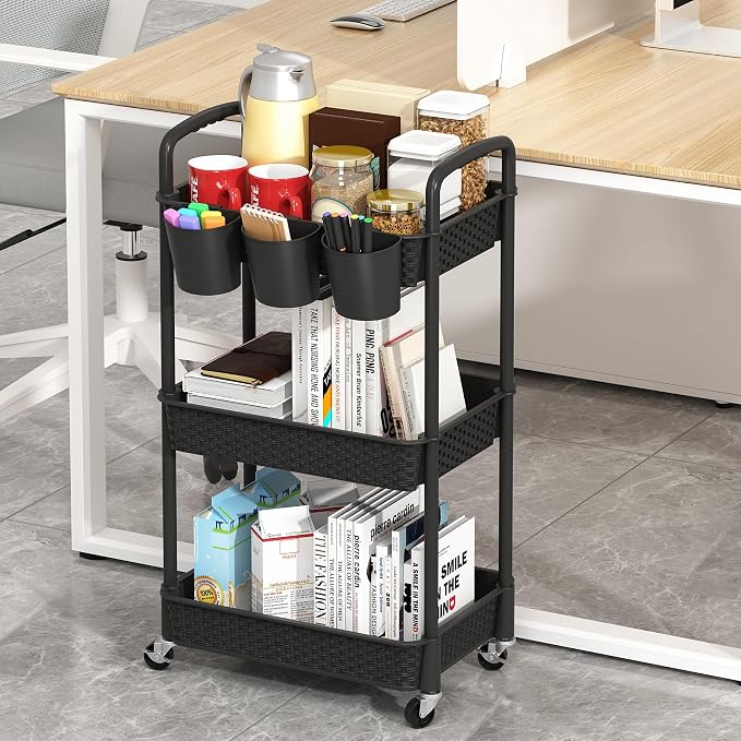 MOYIPIN 3-Tier Plastic Rolling Utility Cart with Handle,Utility Storage Cart for Office, Living Room, Kitchen,Movable Storage Organizer Shelves,Black with 3 Hanging Cups - Image 4