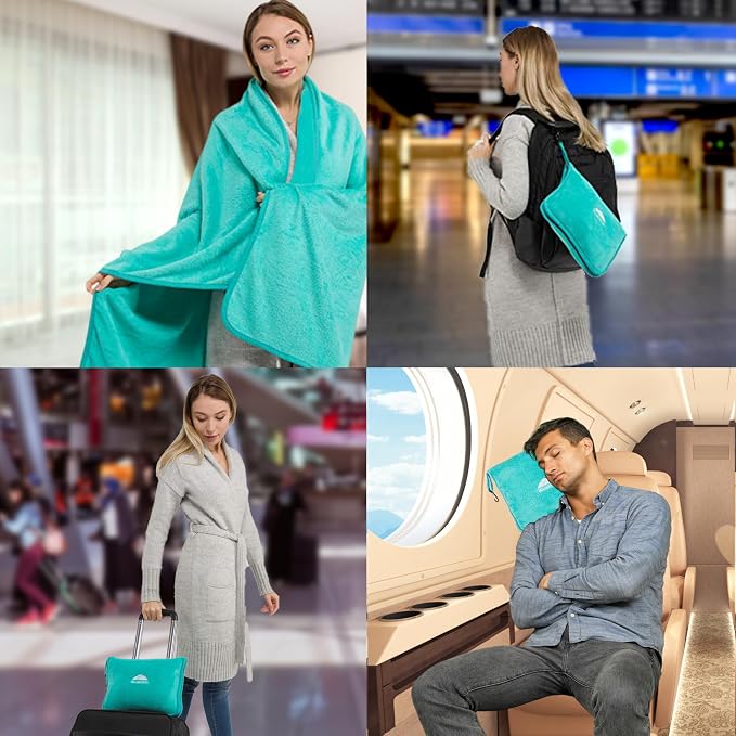 BlueHills Premium Soft Mini Plush Travel Blanket Value Pack Set of 2 - Airplane Travel Essential Flight Blanket Throw in a case Compact for Car Plane Travel Gift – Light Pink and Teal Green - Image 2