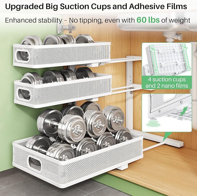 Kitstorack Under Sink Organizer, 1-Pack 3-Tier Height Adjustable Thickened Metal Pull out Cabinet Organizer Shelf, Slide out Storage Drawer Rack for Bathroom Kitchen Pantry Home Laundry Organization - Image 8