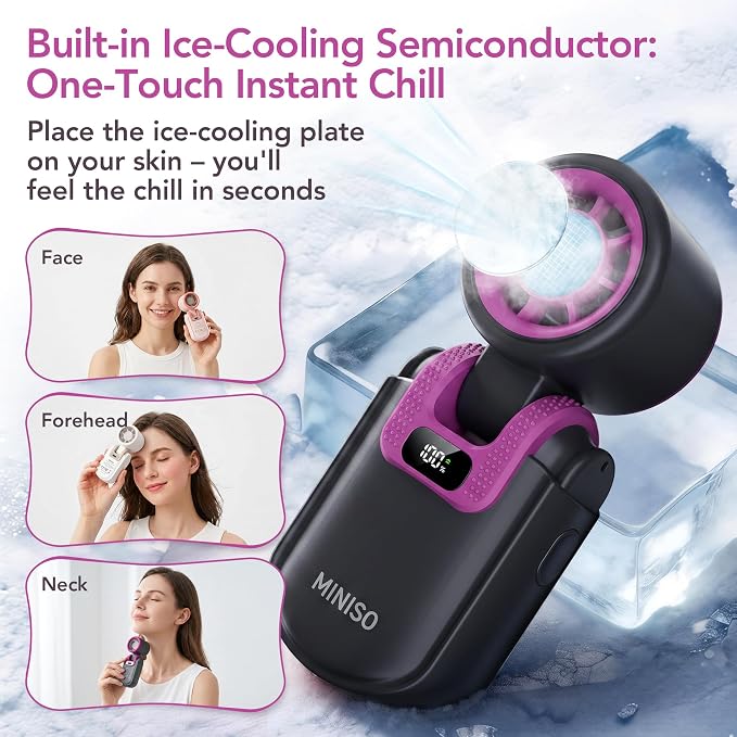 MINISO Portable Handheld Fan with Cooling Plate, Mini Turbo Personal Fan | 3 in 1 USB Rechargeable Small Fan, 5-Speed, Foldable with Ice Cooler, Max 8 H Cooling for Travel, Office, Shopping, Camping - Image 2