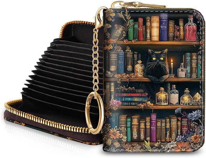 Blusabaca RFID Credit Card Holder Small Women Travel Wallet, Bookshelf Cat | Removable Keychain, Case with Zipper, Vegan PU Leather, Cash Coin Pocket, Business Accordion Purse, Ladies Female Gift by Blusabaca