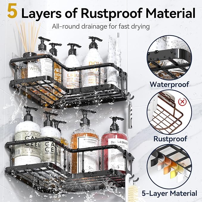 Corner Shower Caddy Adhesive, 100% Rustproof Shower Organizer with Soap Holder, No Drill Shower Shelf for Inside Shower, Wall-Mounted Shower Storage for Homes (3 Pack, Black) - Image 4