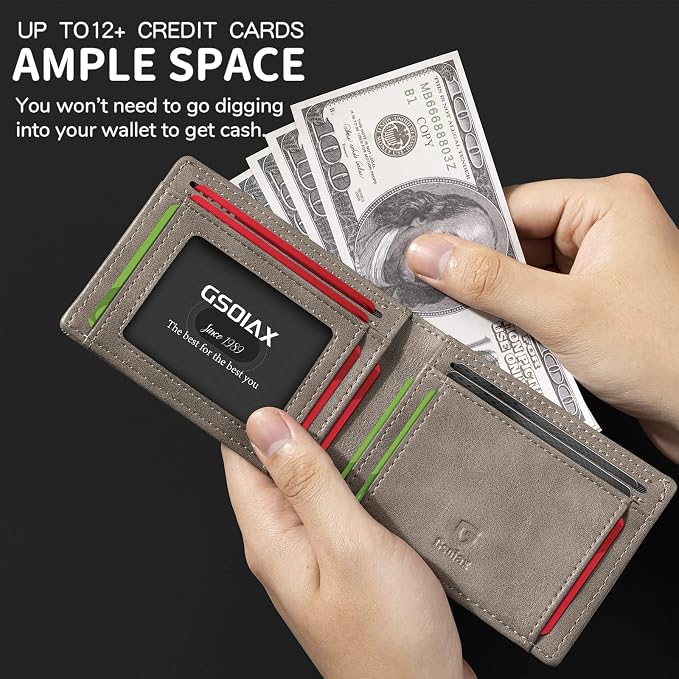 GSOIAX Slim Wallet for Men,RFID Blocking Bifold Wallet Carbon Fiber Front Pocket Wallet with 11 Card Holder Minimalist Mens Wallet with Gift Box(Leather Grey) - Image 4
