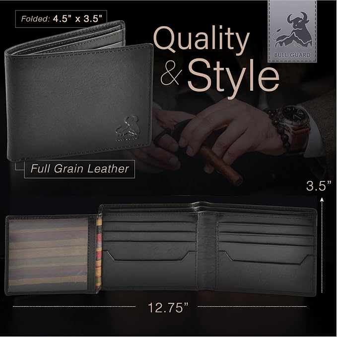 BULL GUARD Black Leather Wallet for Men with RFID Blocking - Bifold High Capacity with Side Flip 2 ID Windows and 10 Credit Cards Slots - Image 5