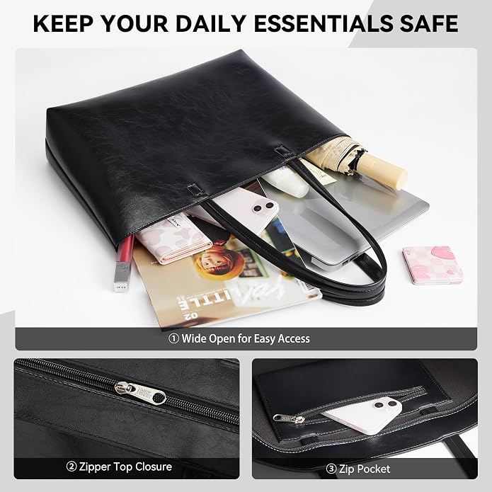 KALIDI Tote Bag Zipper Shoulder Bag Vegan Leather Purses Satchel for Women | Large Casual Handbag for Work Commuting Dating College Everyday - Image 4