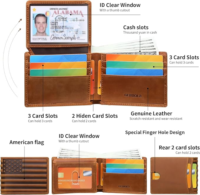 Wallet for Men-Genuine Leather RFID Blocking Bifold Stylish Wallet American Flag Wallet With 1 ID Window (Brown, With ID Window) - Image 2