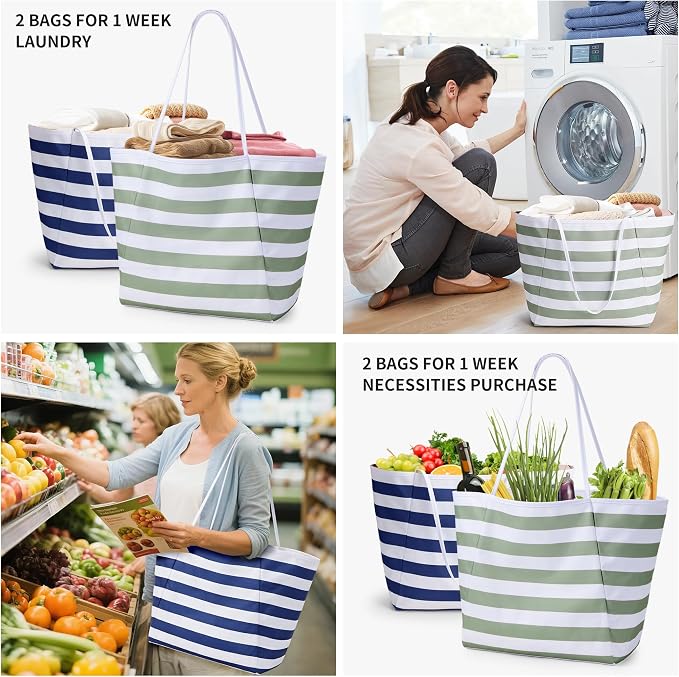 KALIDI Beach Tote Bag Women Large Waterproof Sandproof Shoulder Handbags | Foldable Grocery Bag Striped Pool Bag Lightweight Travel Purse for Picnic Travel Vacation Casual Errands Everyday Daily - Image 5