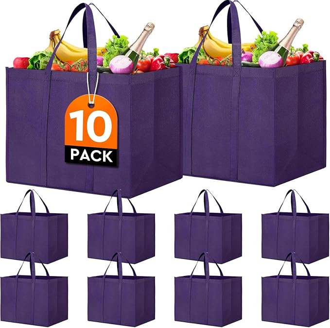 Reusable Grocery Shopping Bags 10 Pack Large Foldable Tote Bags Bulk | Eco Produce Bags with Long Handle for Shopping Groceries Clothes (Purple) by WiseLife